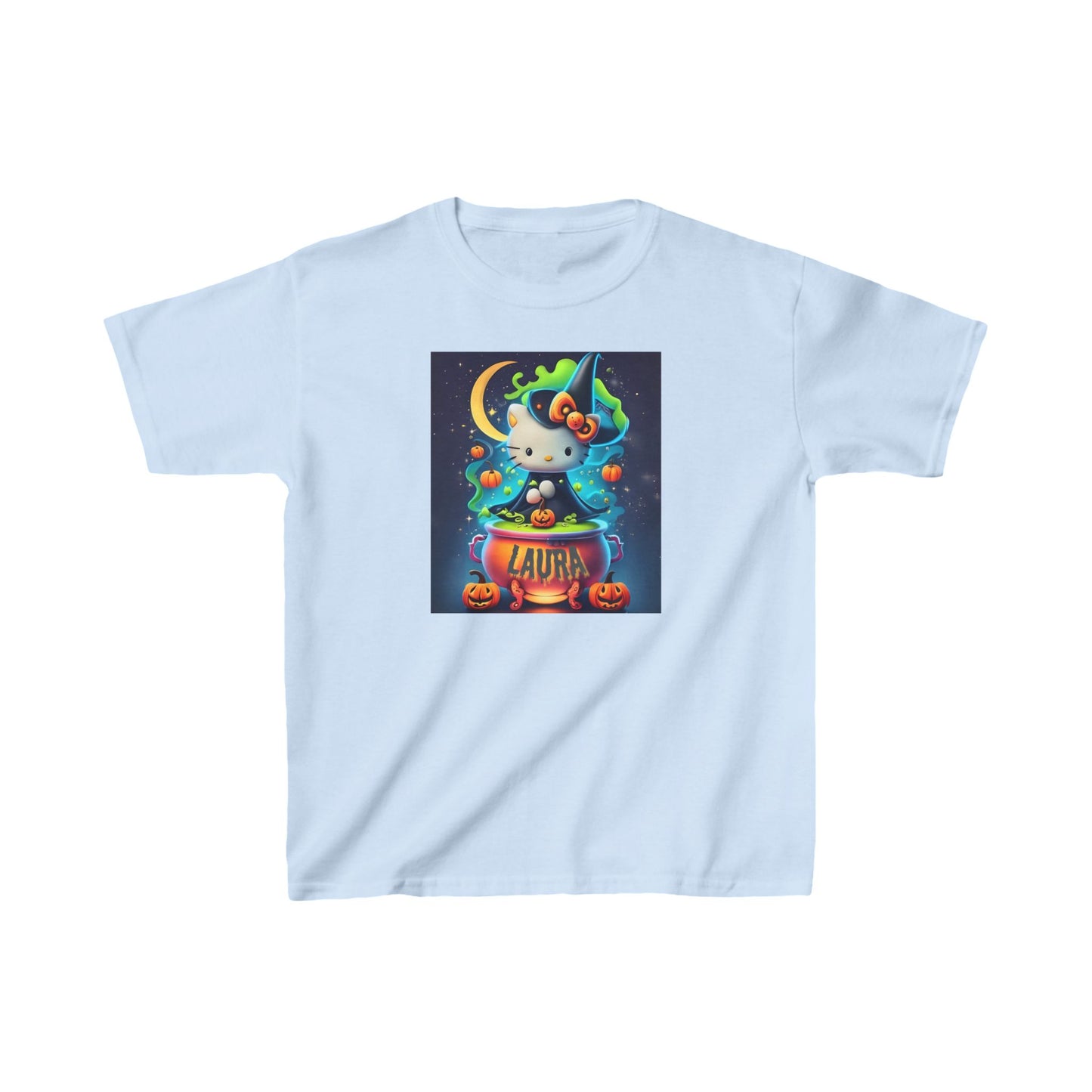Personalized Halloween Hello Kitty Kids Heavy Cotton™ Tee – Custom Name Witch Design