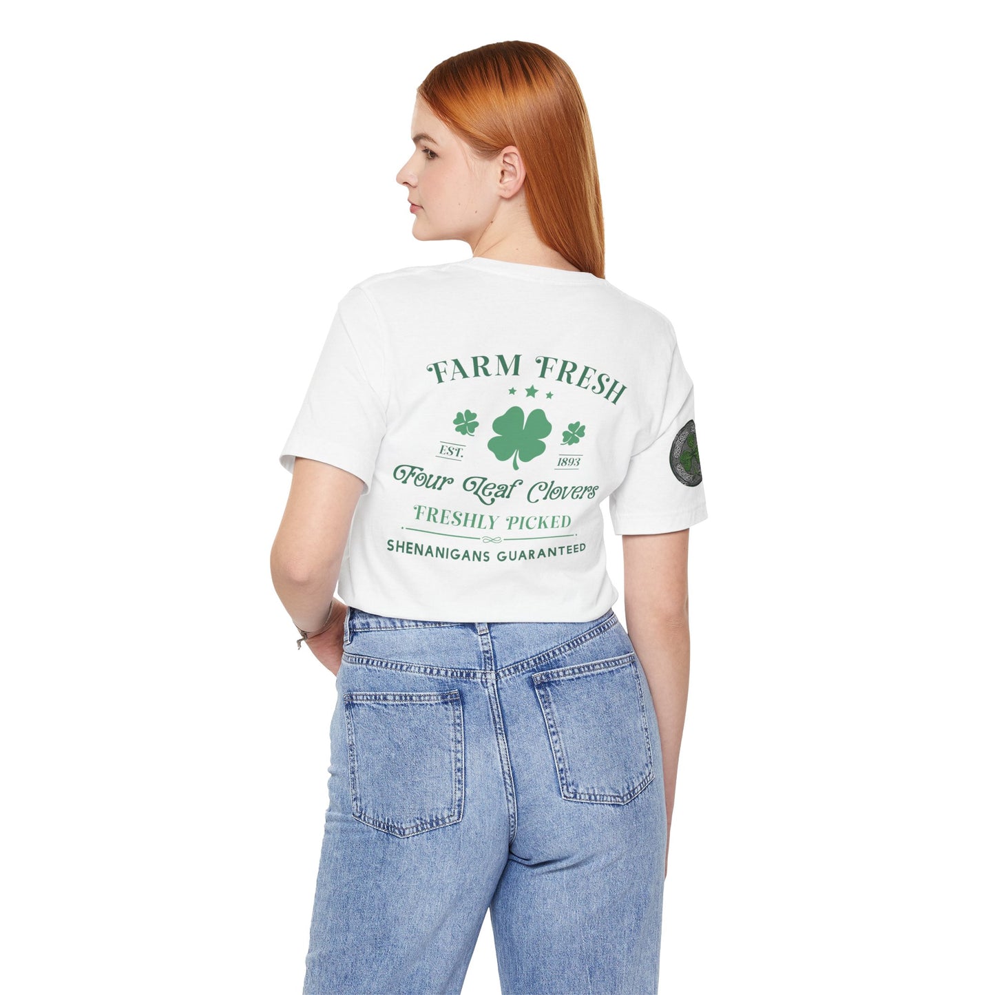Farm Fresh Four Leaf Clover T-Shirt | Peace Love Shamrocks Double-Sided Design | St. Patrick's Day Vintage Style Tee