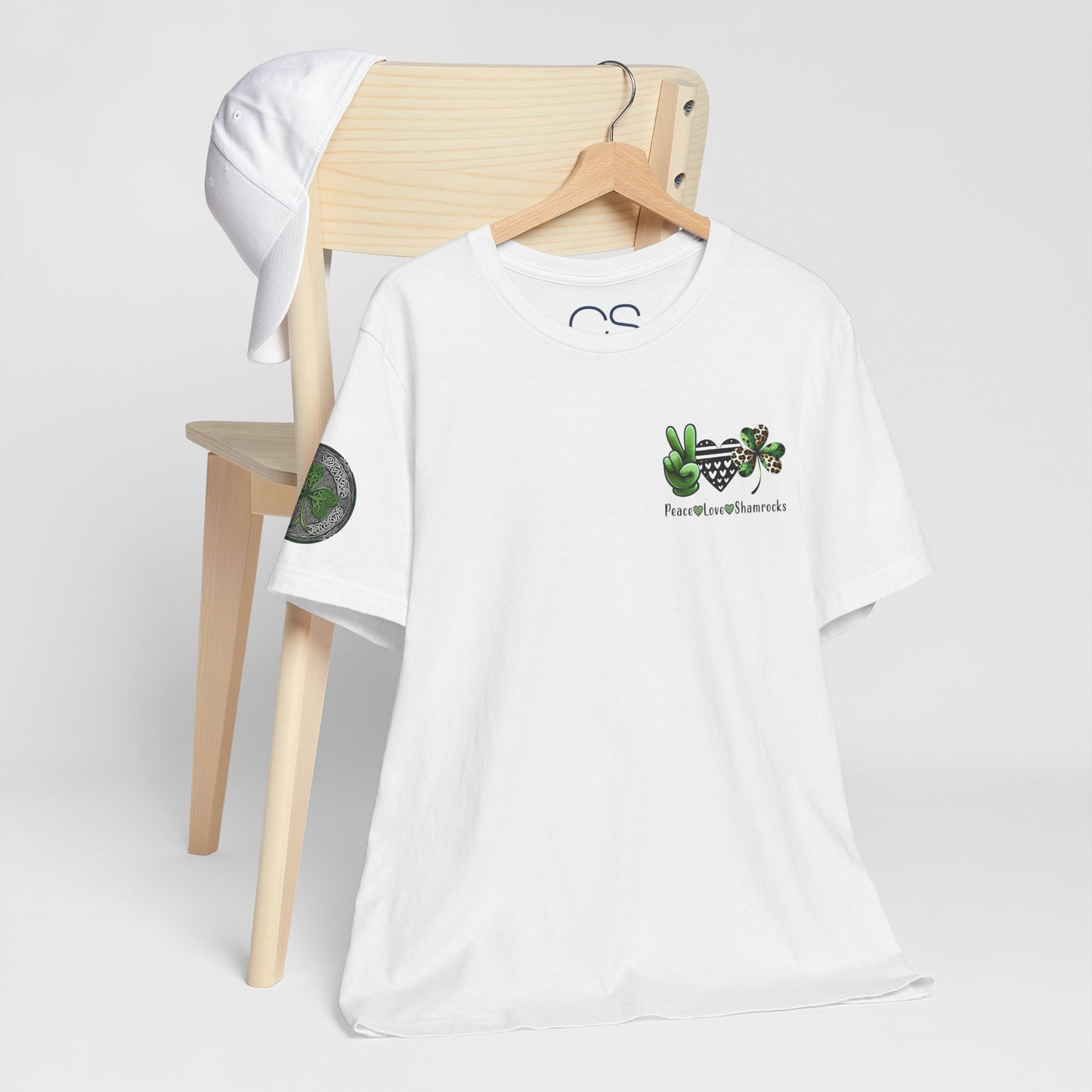 Farm Fresh Four Leaf Clover T-Shirt | Peace Love Shamrocks Double-Sided Design | St. Patrick's Day Vintage Style Tee