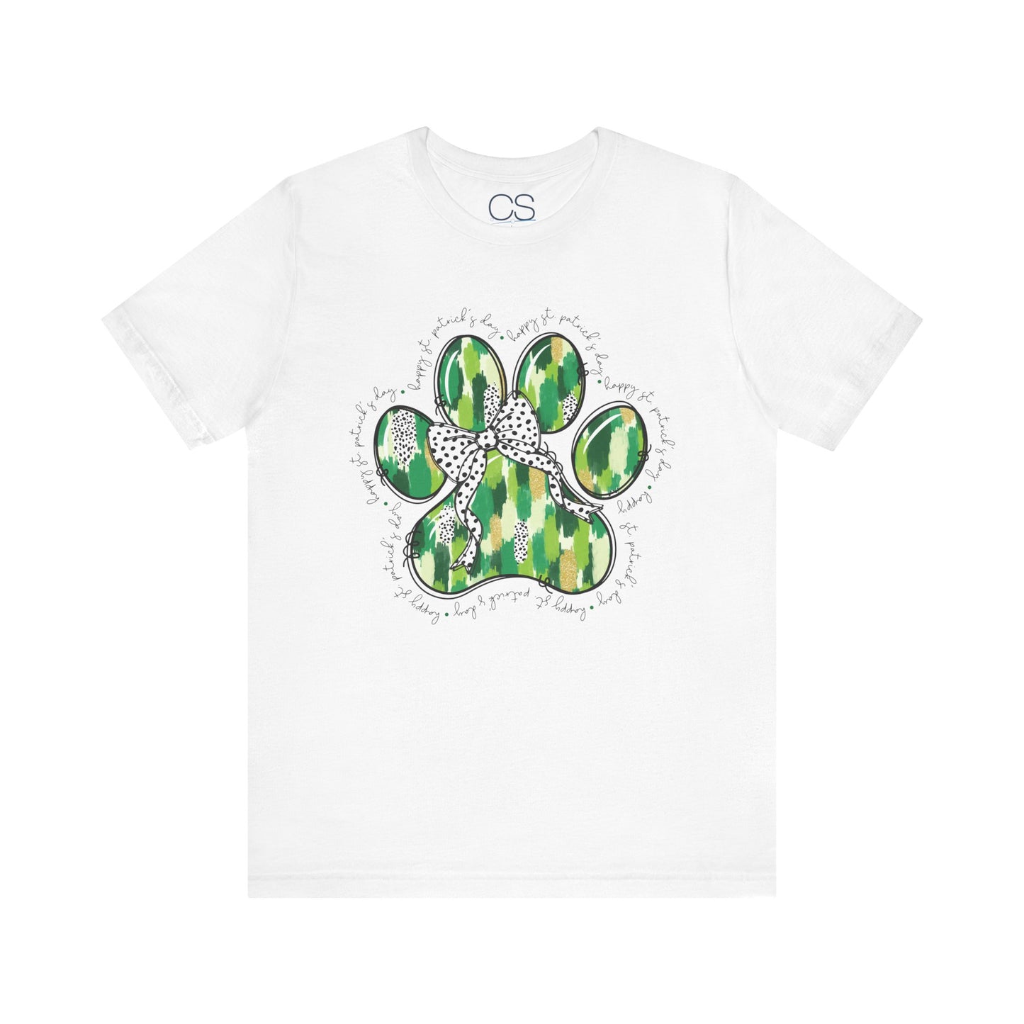 Lucky Pup St. Patrick's Day T-Shirt | Green Watercolor Paw Print with Polka Dot Bow | Dog Lover Irish Holiday Tee