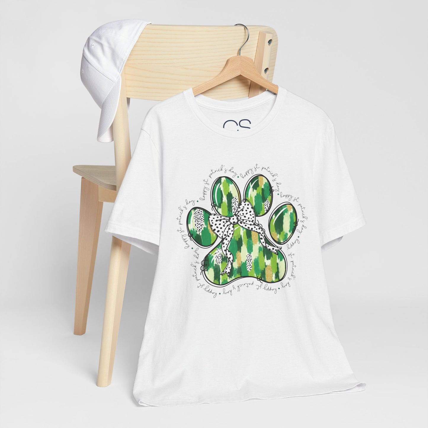 Lucky Pup St. Patrick's Day T-Shirt | Green Watercolor Paw Print with Polka Dot Bow | Dog Lover Irish Holiday Tee