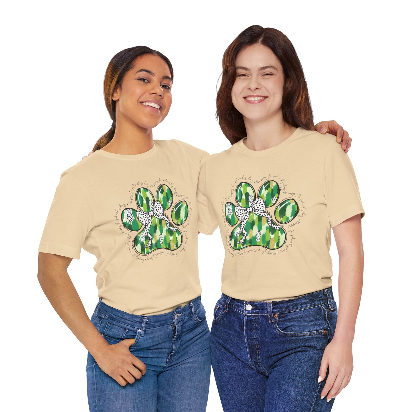 Lucky Pup St. Patrick's Day T-Shirt | Green Watercolor Paw Print with Polka Dot Bow | Dog Lover Irish Holiday Tee