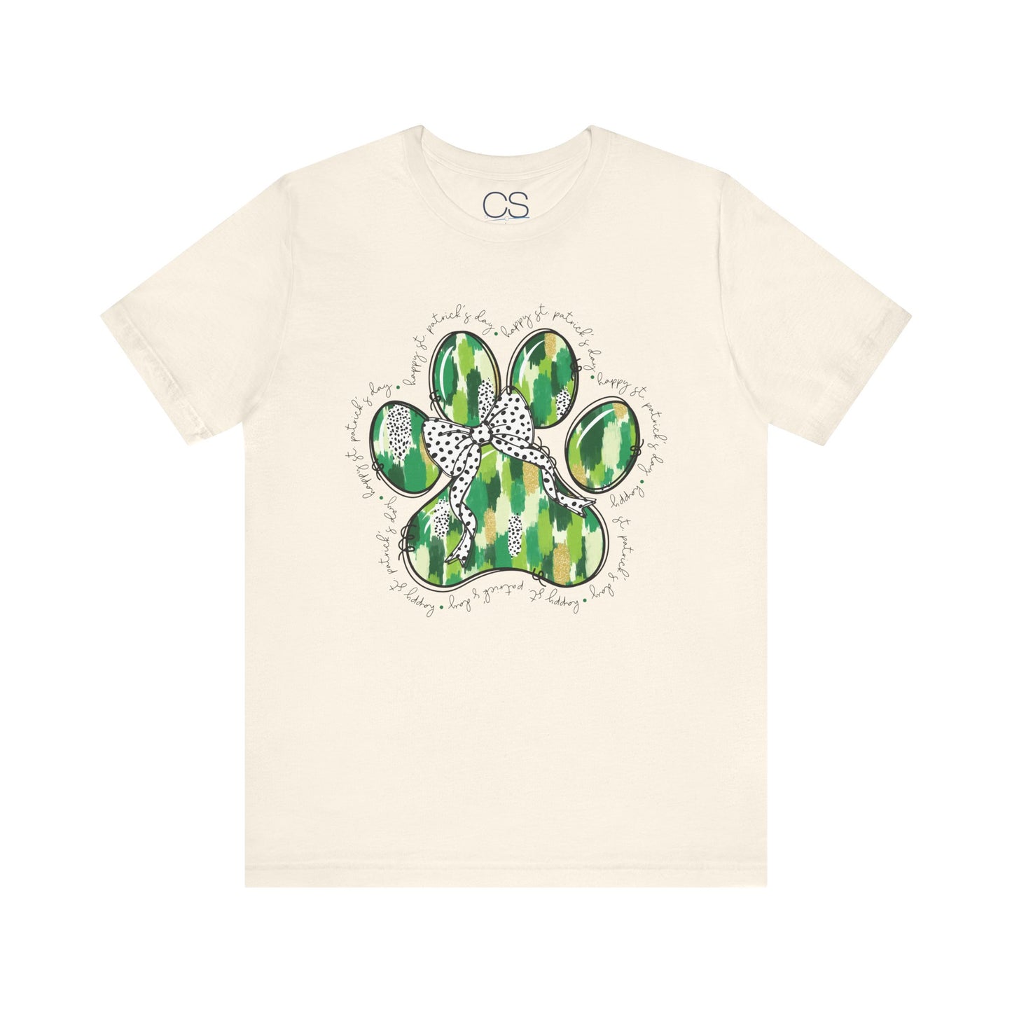 Lucky Pup St. Patrick's Day T-Shirt | Green Watercolor Paw Print with Polka Dot Bow | Dog Lover Irish Holiday Tee