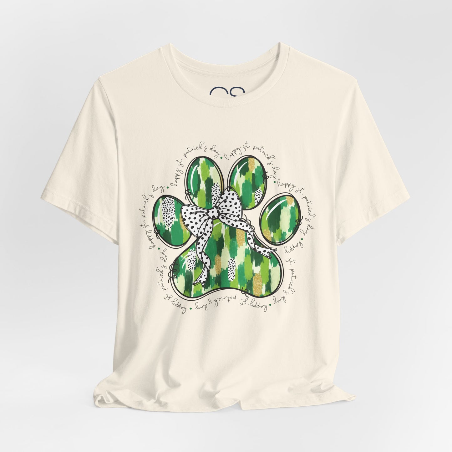 Lucky Pup St. Patrick's Day T-Shirt | Green Watercolor Paw Print with Polka Dot Bow | Dog Lover Irish Holiday Tee