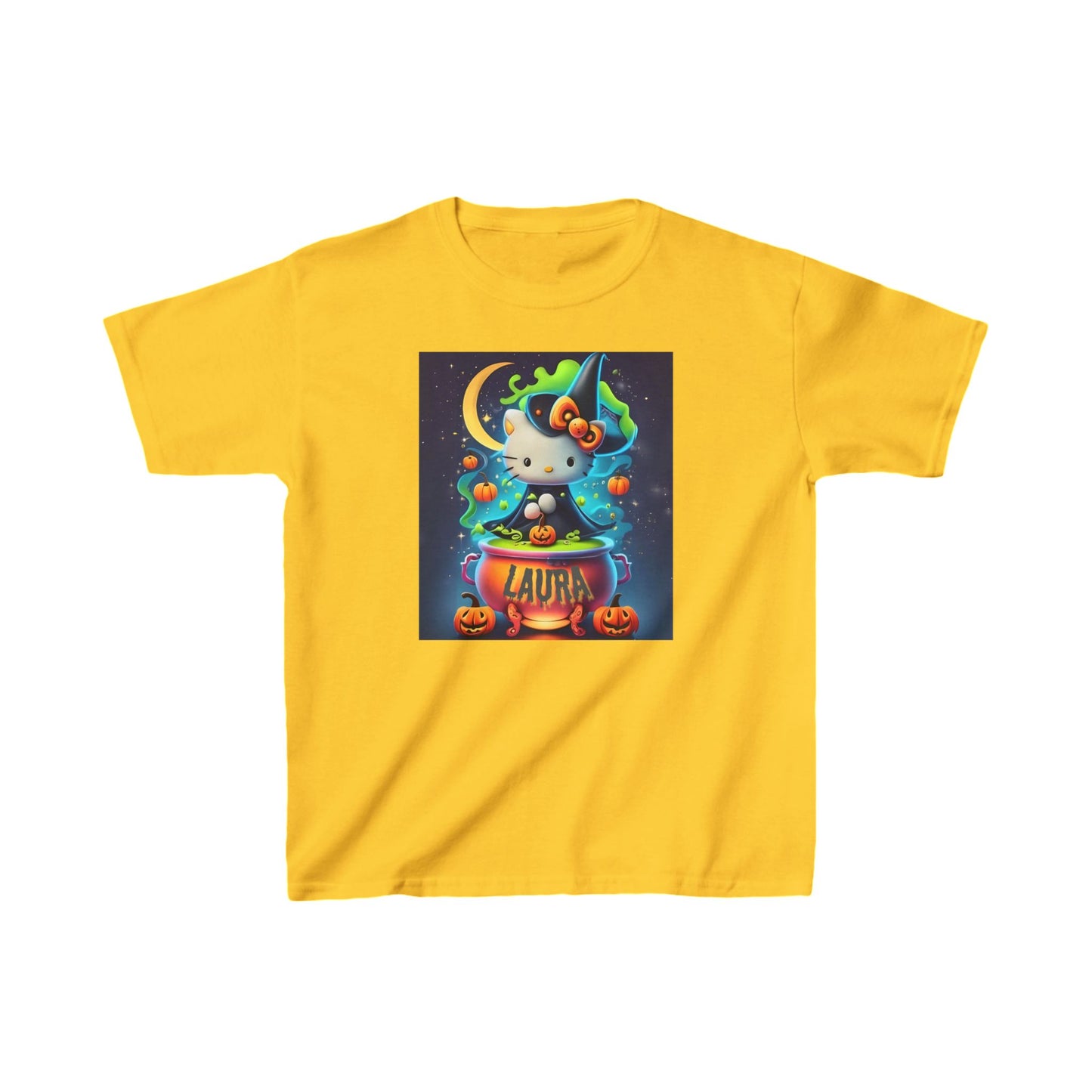 Personalized Halloween Hello Kitty Kids Heavy Cotton™ Tee – Custom Name Witch Design
