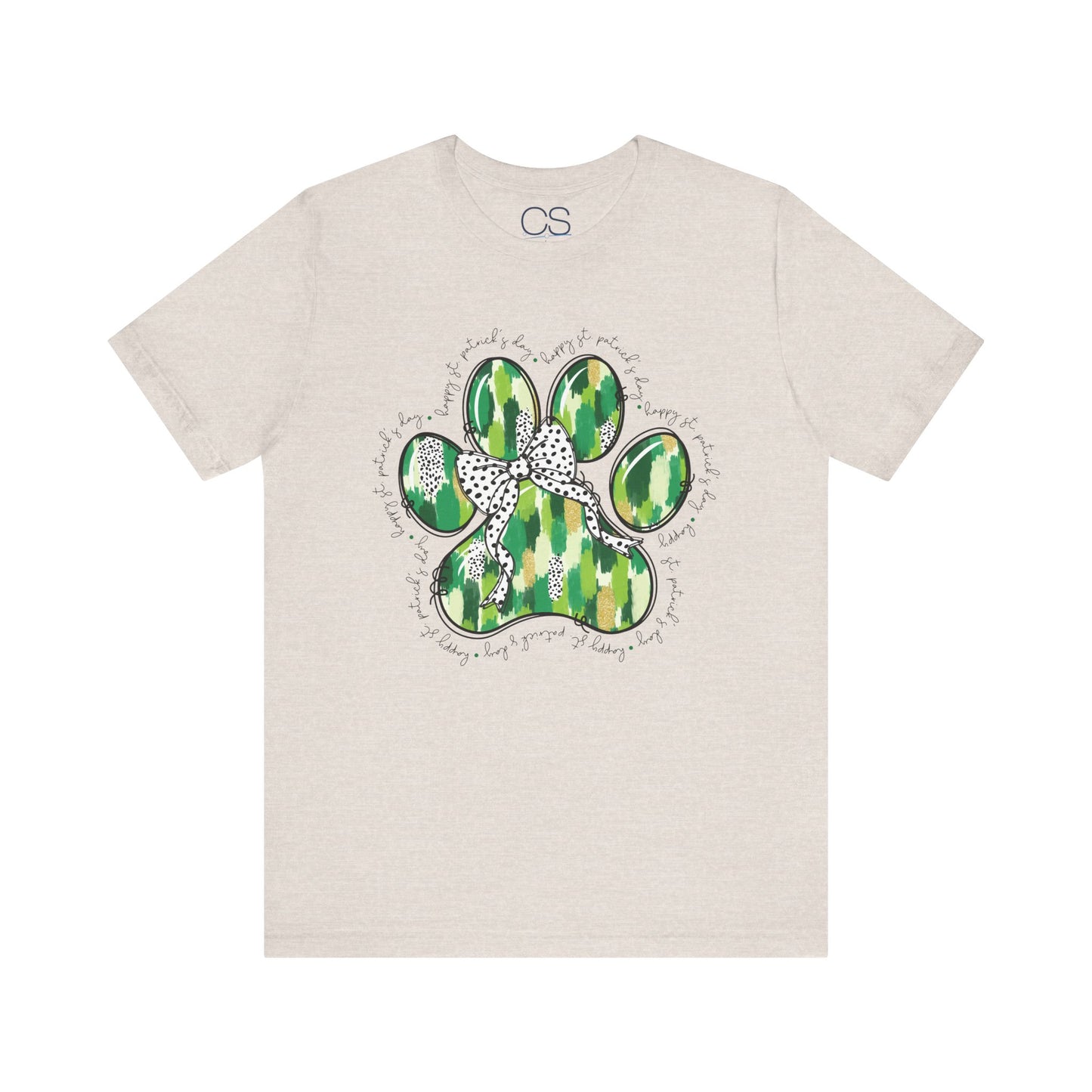 Lucky Pup St. Patrick's Day T-Shirt | Green Watercolor Paw Print with Polka Dot Bow | Dog Lover Irish Holiday Tee