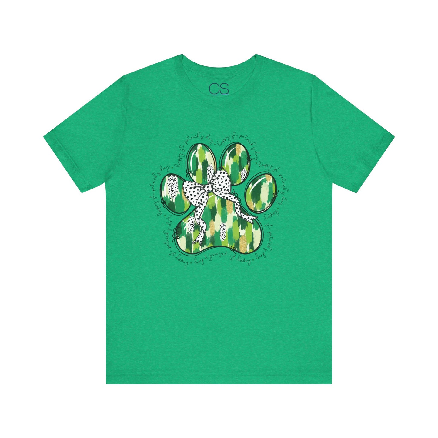 Lucky Pup St. Patrick's Day T-Shirt | Green Watercolor Paw Print with Polka Dot Bow | Dog Lover Irish Holiday Tee