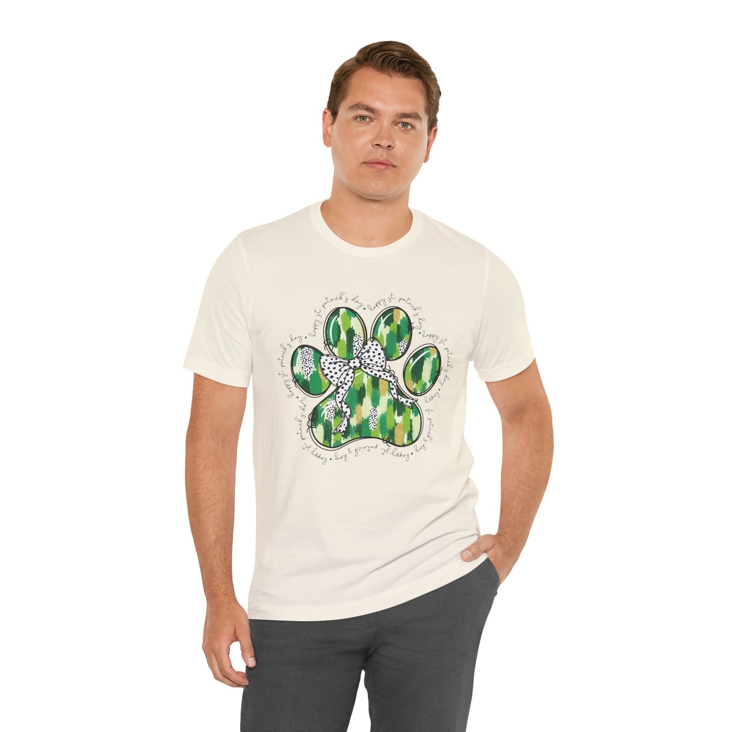 Lucky Pup St. Patrick's Day T-Shirt | Green Watercolor Paw Print with Polka Dot Bow | Dog Lover Irish Holiday Tee