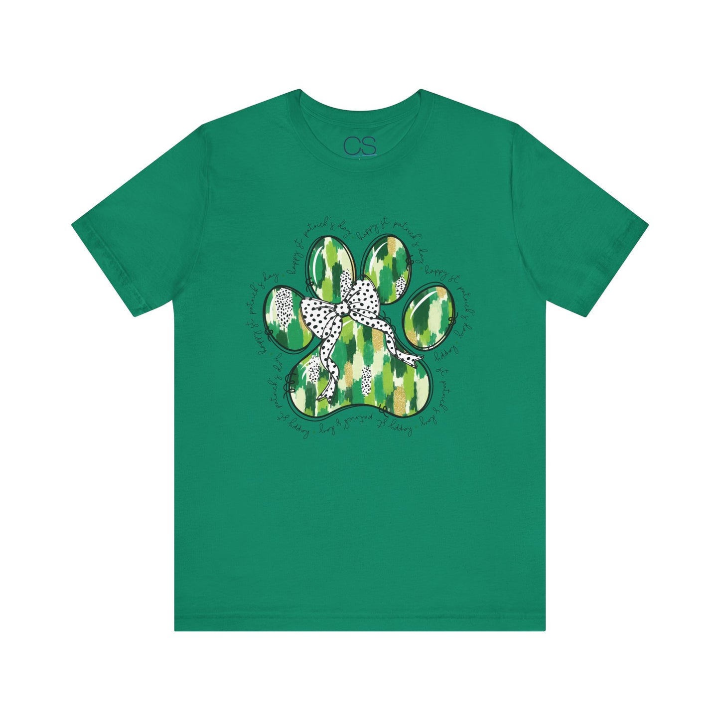 Lucky Pup St. Patrick's Day T-Shirt | Green Watercolor Paw Print with Polka Dot Bow | Dog Lover Irish Holiday Tee
