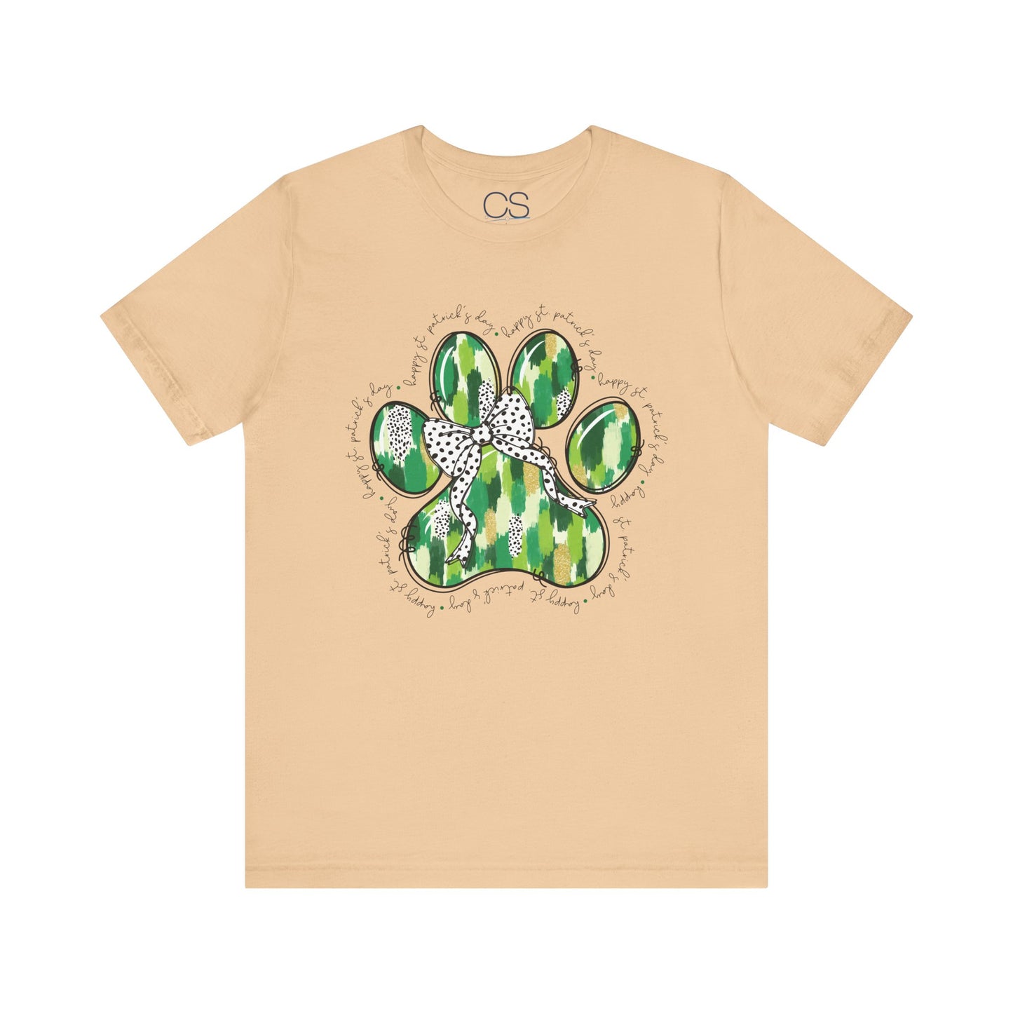 Lucky Pup St. Patrick's Day T-Shirt | Green Watercolor Paw Print with Polka Dot Bow | Dog Lover Irish Holiday Tee