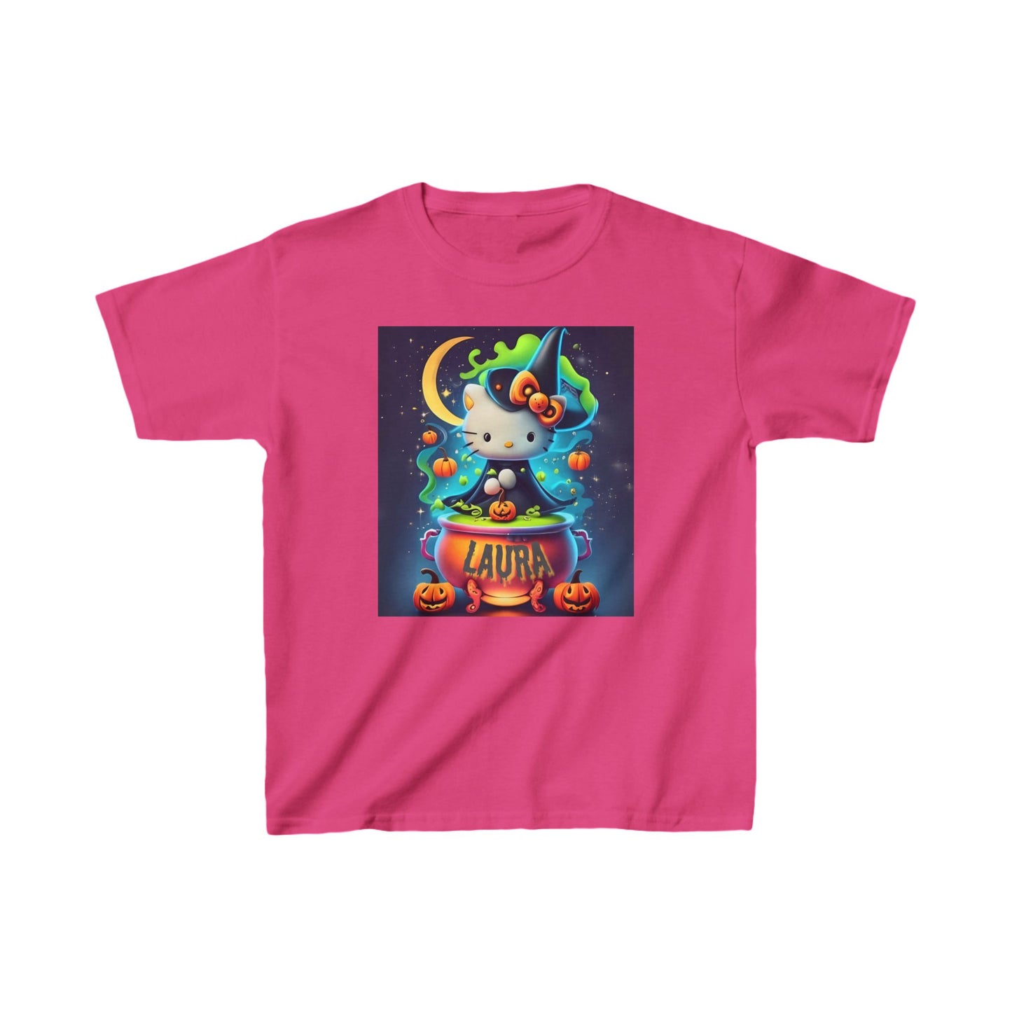 Personalized Halloween Hello Kitty Kids Heavy Cotton™ Tee – Custom Name Witch Design