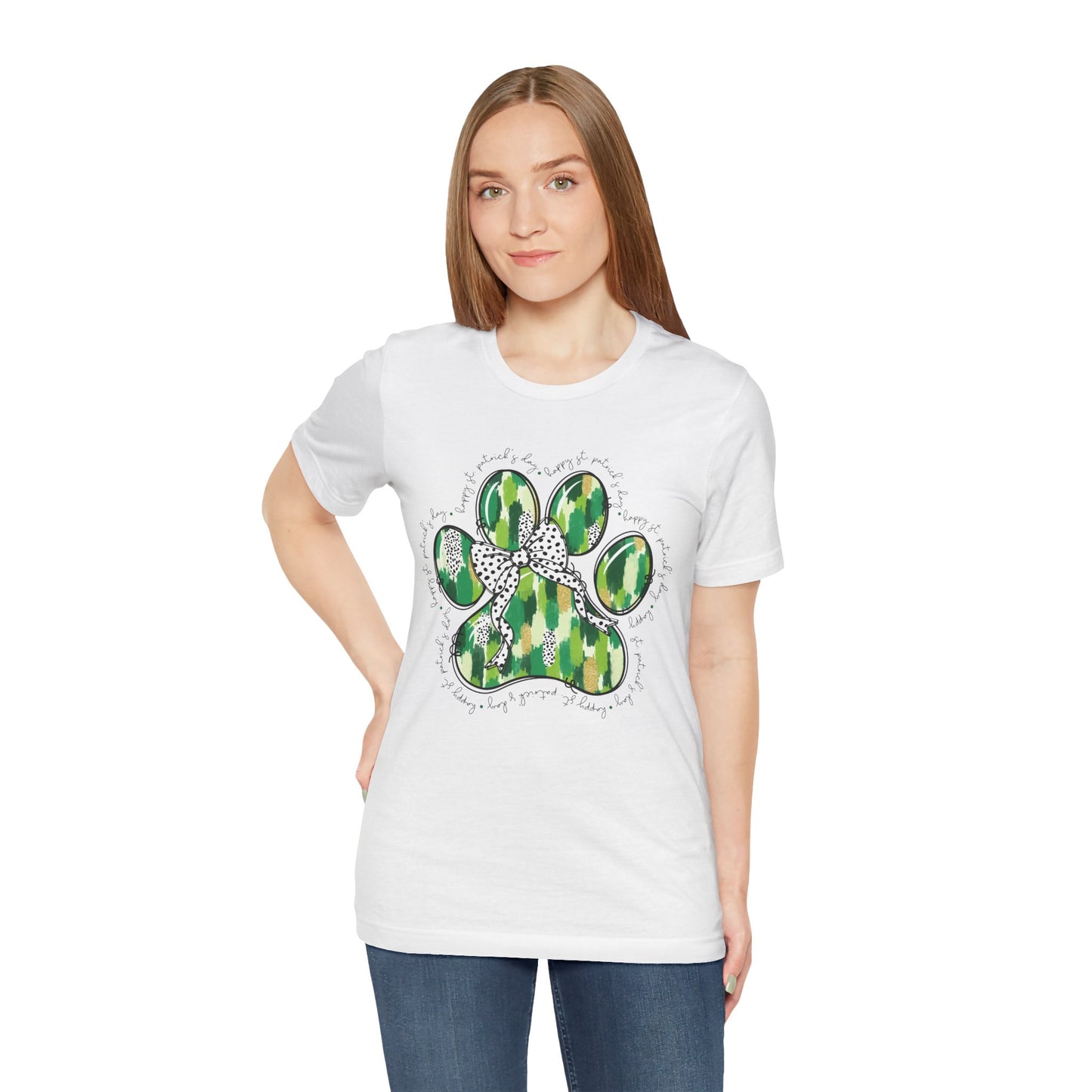 Lucky Pup St. Patrick's Day T-Shirt | Green Watercolor Paw Print with Polka Dot Bow | Dog Lover Irish Holiday Tee