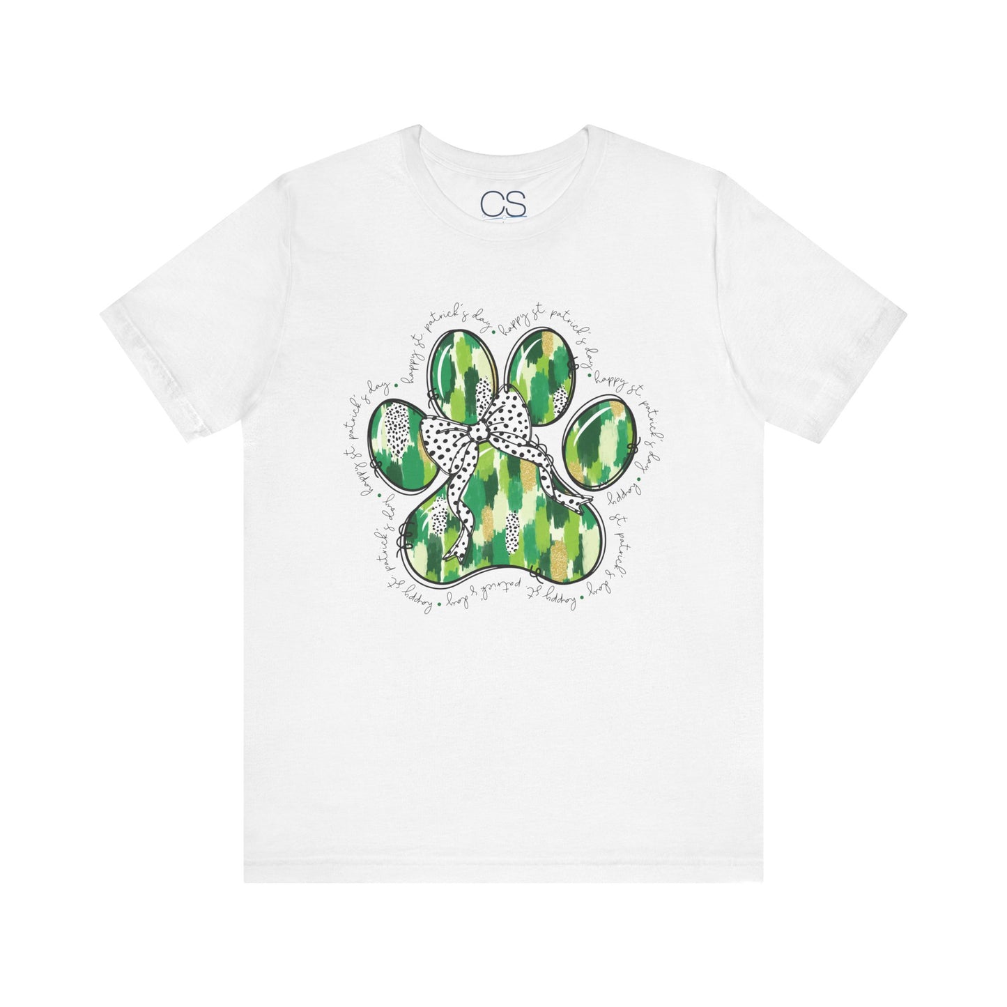 Lucky Pup St. Patrick's Day T-Shirt | Green Watercolor Paw Print with Polka Dot Bow | Dog Lover Irish Holiday Tee