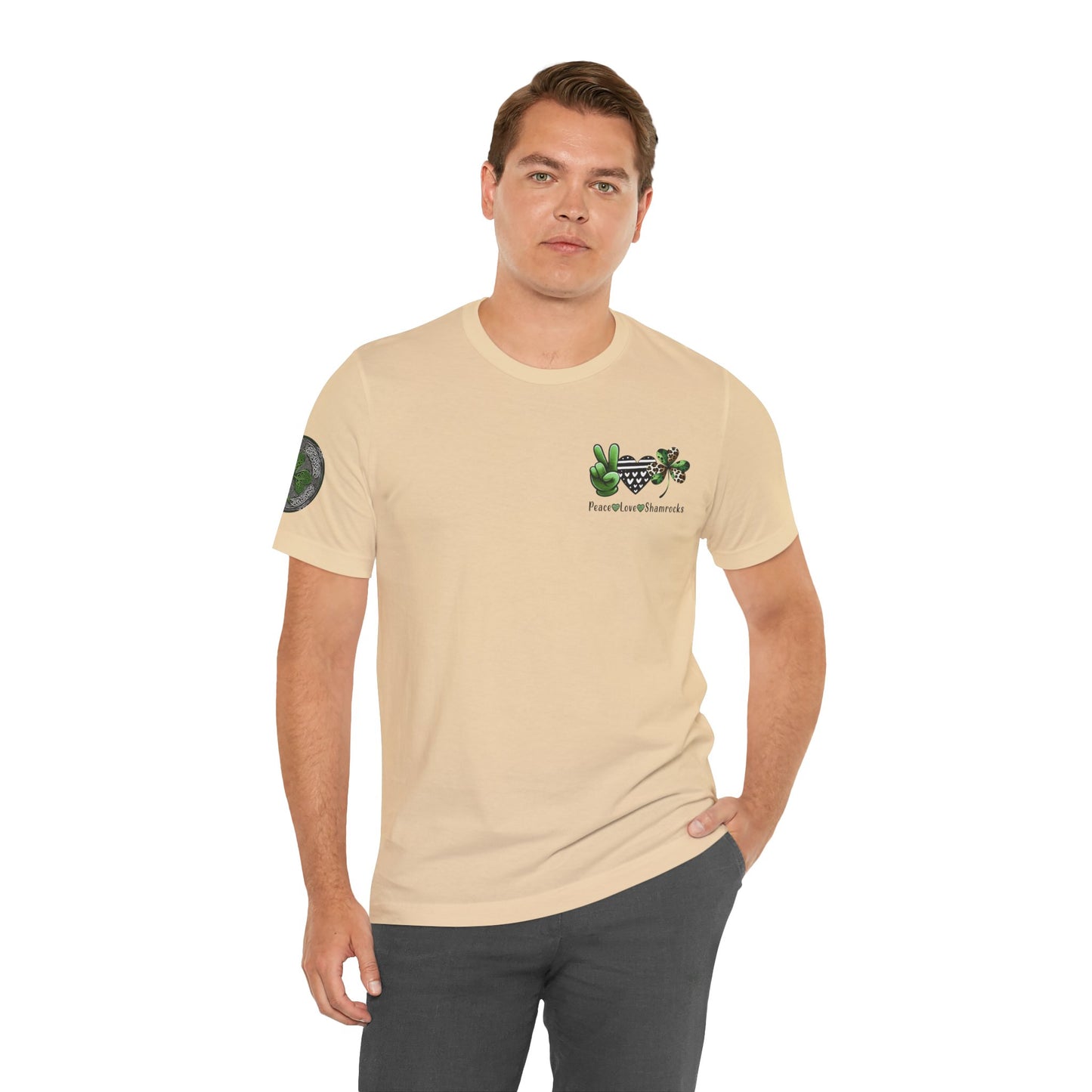 Farm Fresh Four Leaf Clover T-Shirt | Peace Love Shamrocks Double-Sided Design | St. Patrick's Day Vintage Style Tee