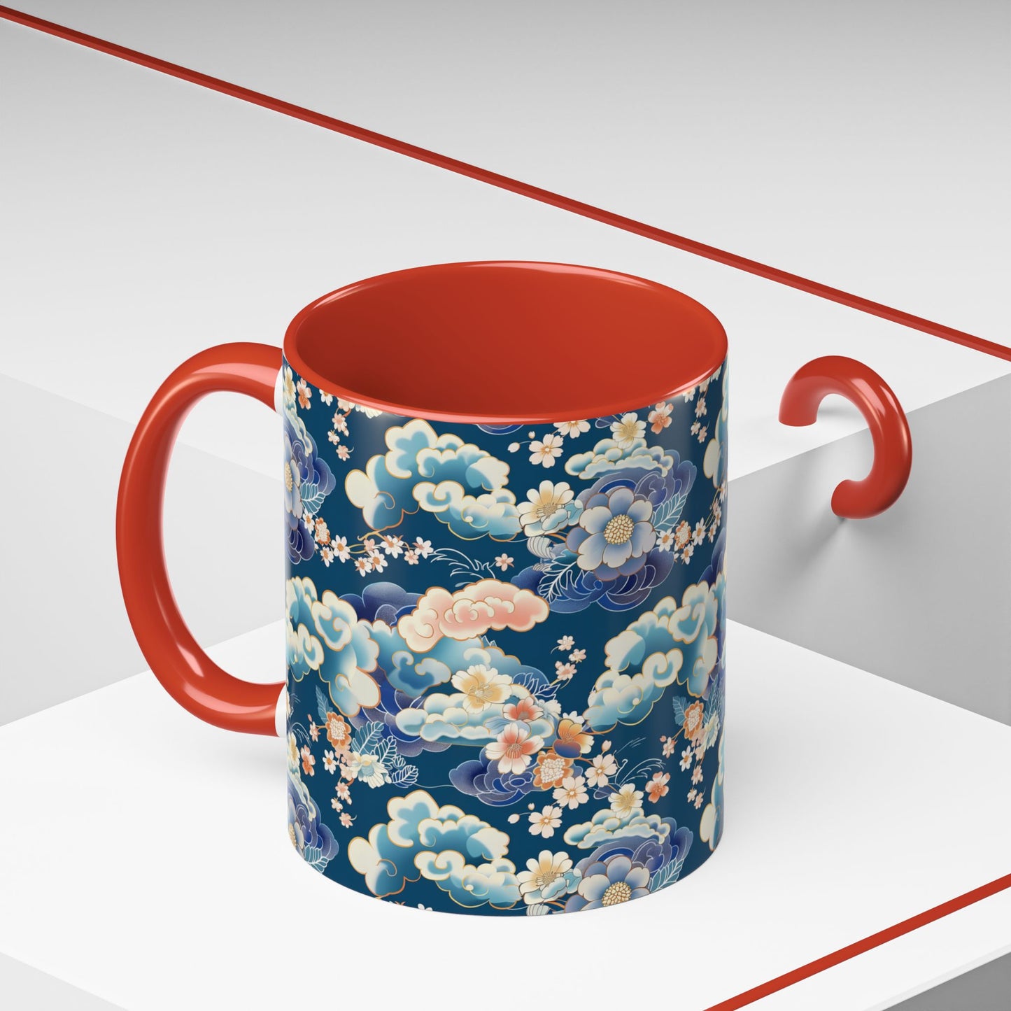 Elegant Japanese Floral & Cloud Ceramic Mug