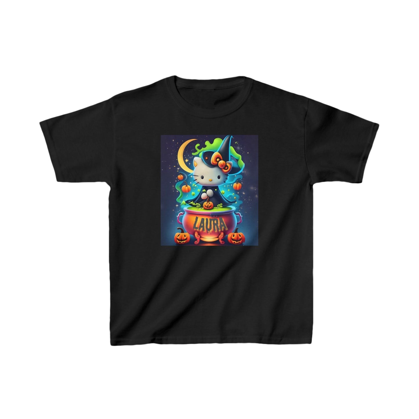 Personalized Halloween Hello Kitty Kids Heavy Cotton™ Tee – Custom Name Witch Design