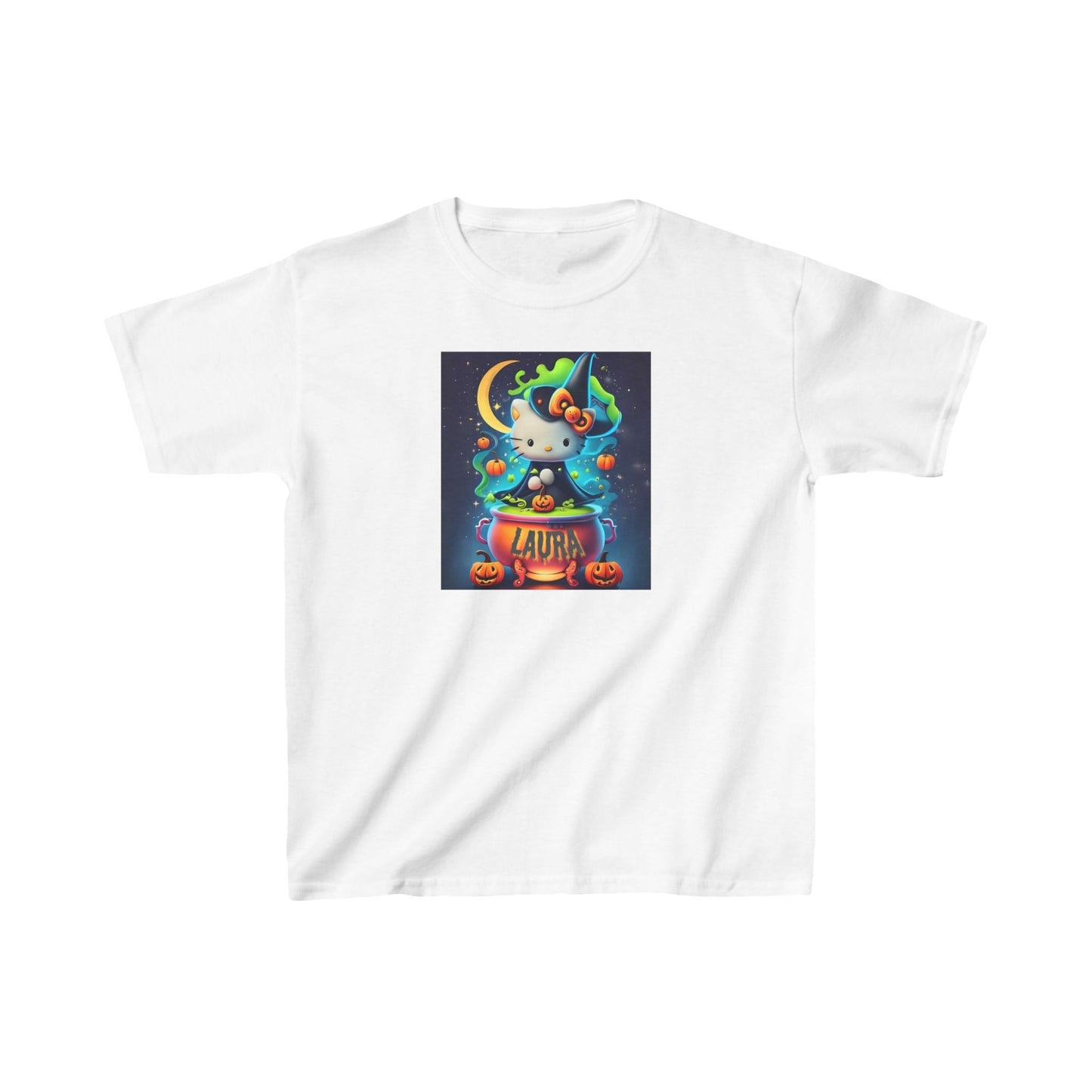 Personalized Halloween Hello Kitty Kids Heavy Cotton™ Tee – Custom Name Witch Design