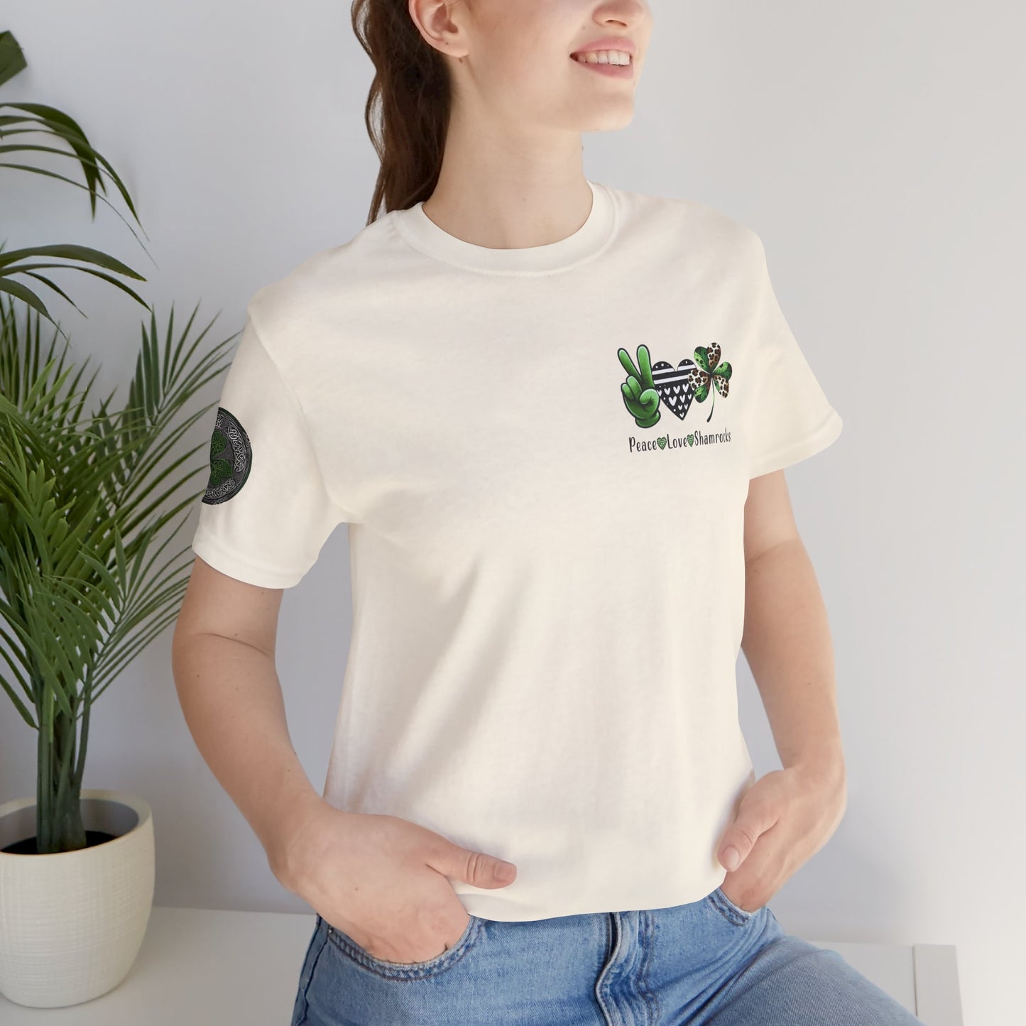 Farm Fresh Four Leaf Clover T-Shirt | Peace Love Shamrocks Double-Sided Design | St. Patrick's Day Vintage Style Tee