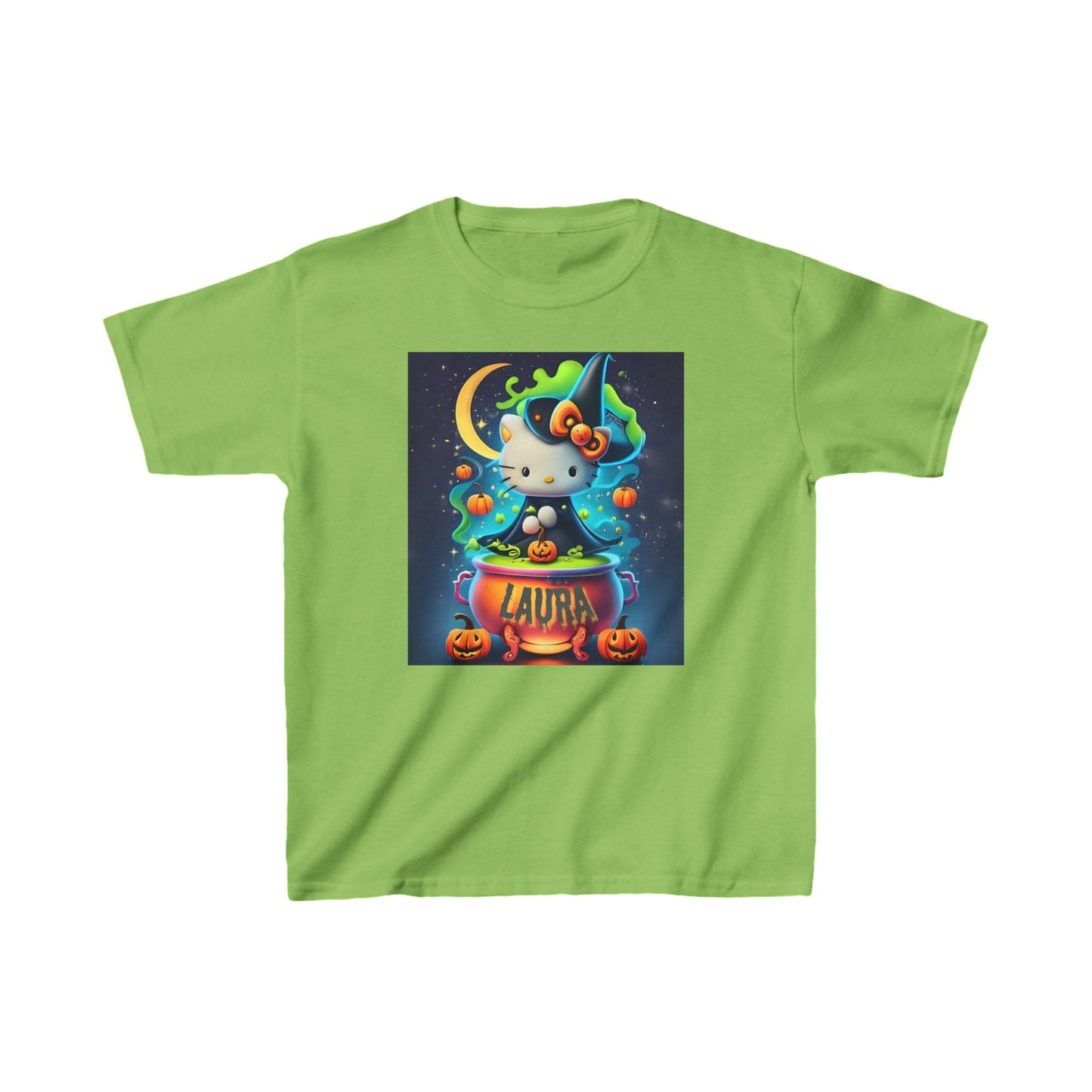 Personalized Halloween Hello Kitty Kids Heavy Cotton™ Tee – Custom Name Witch Design