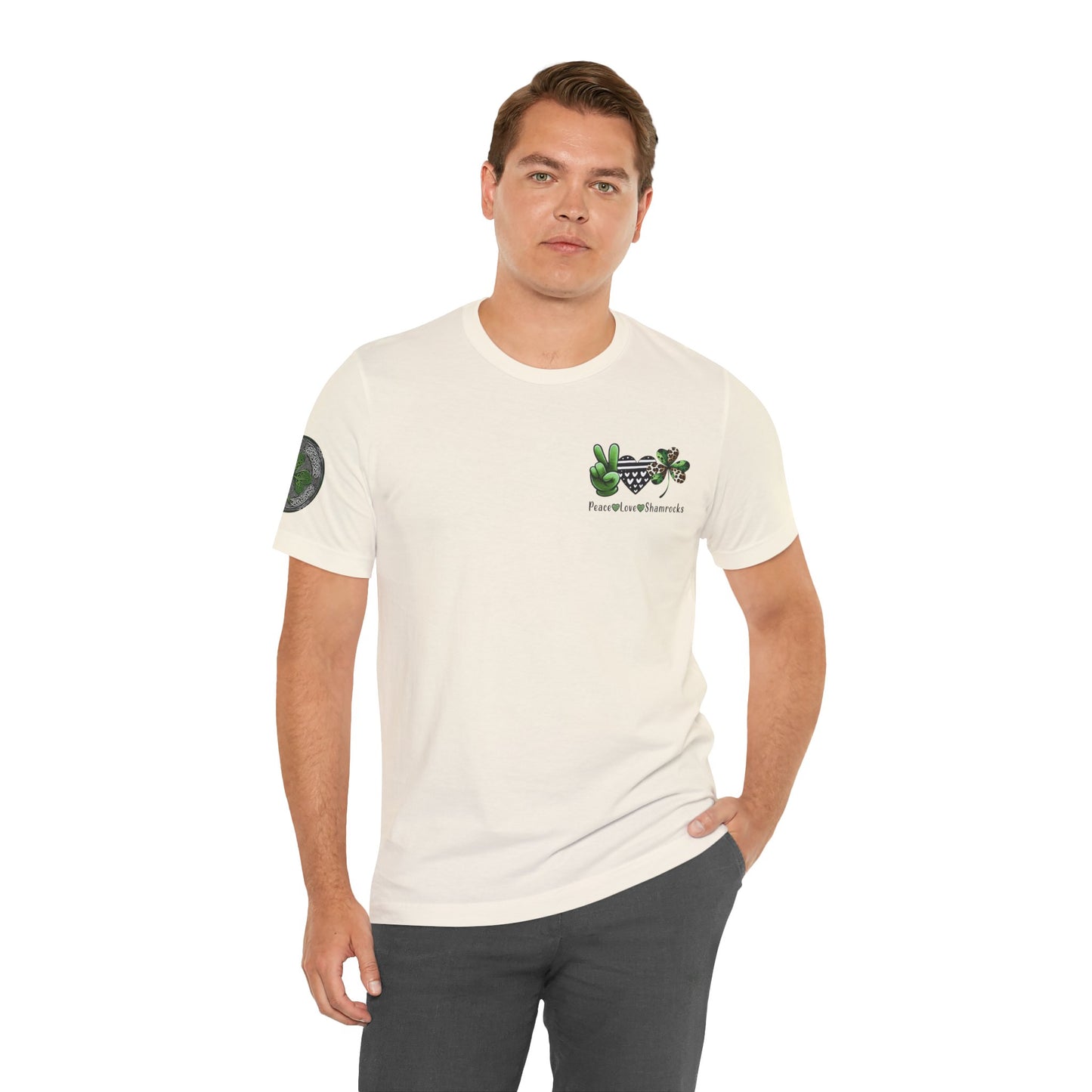 Farm Fresh Four Leaf Clover T-Shirt | Peace Love Shamrocks Double-Sided Design | St. Patrick's Day Vintage Style Tee