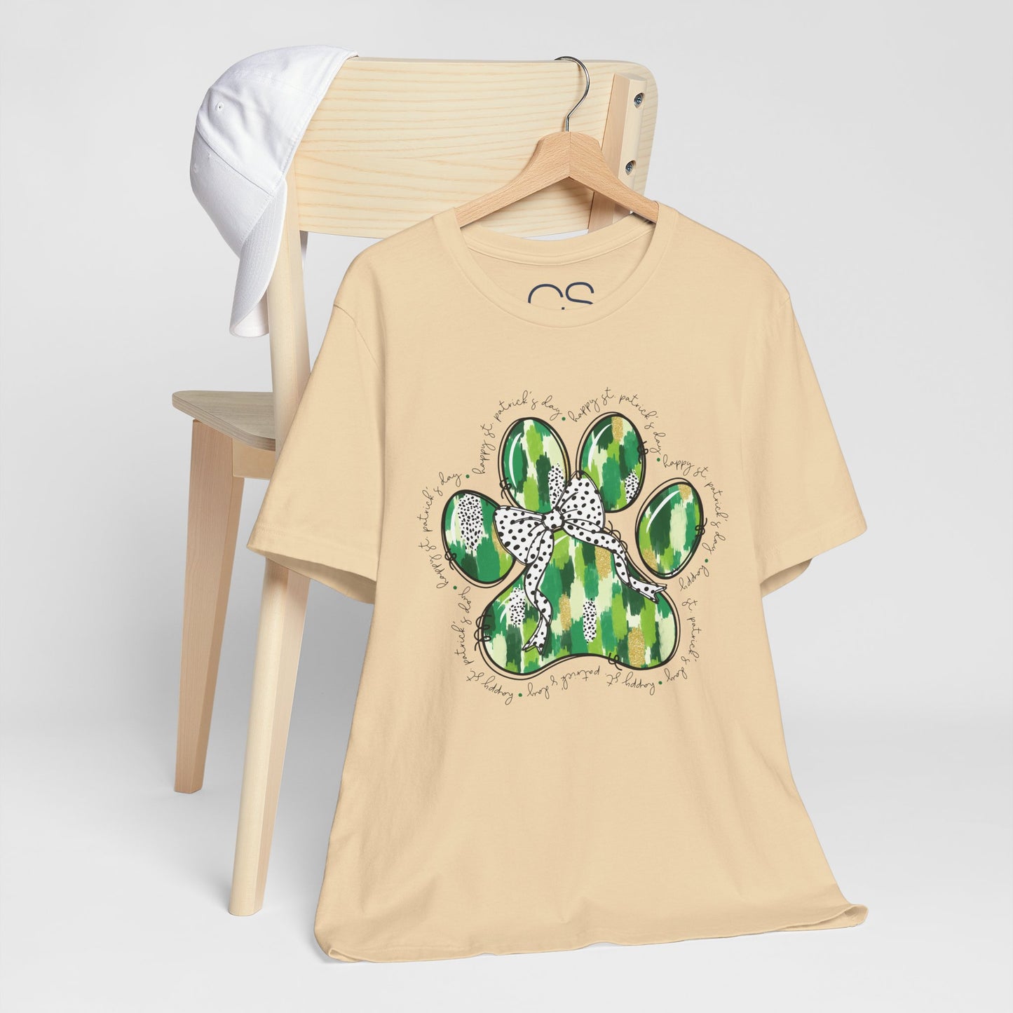 Lucky Pup St. Patrick's Day T-Shirt | Green Watercolor Paw Print with Polka Dot Bow | Dog Lover Irish Holiday Tee