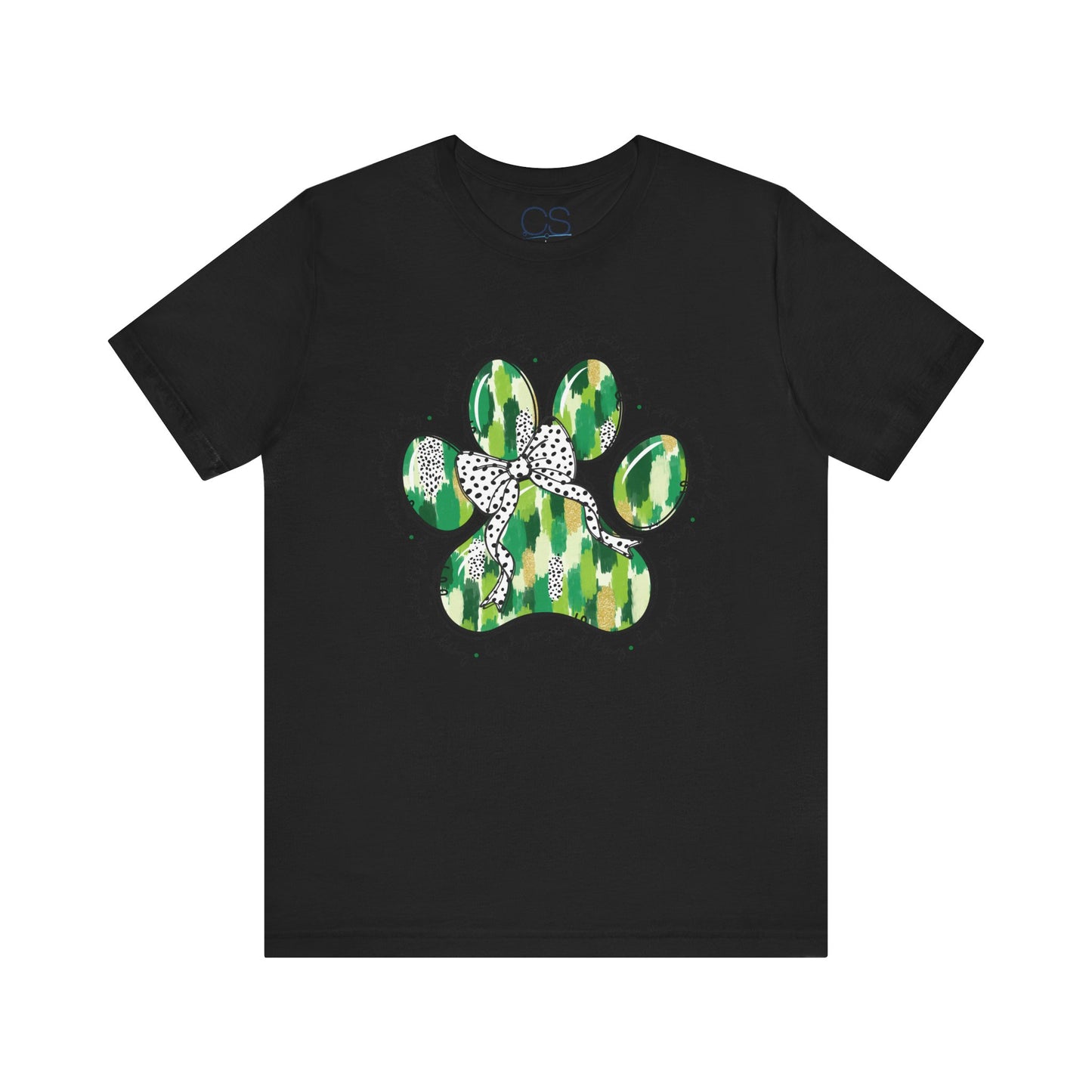 Lucky Pup St. Patrick's Day T-Shirt | Green Watercolor Paw Print with Polka Dot Bow | Dog Lover Irish Holiday Tee