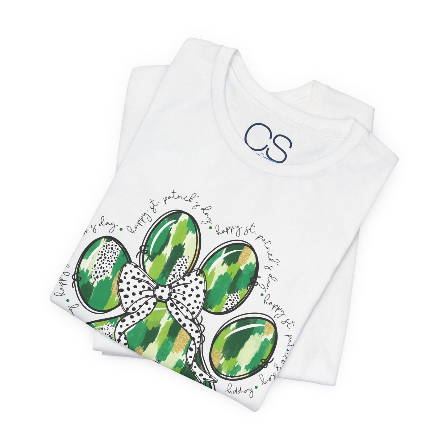 Lucky Pup St. Patrick's Day T-Shirt | Green Watercolor Paw Print with Polka Dot Bow | Dog Lover Irish Holiday Tee