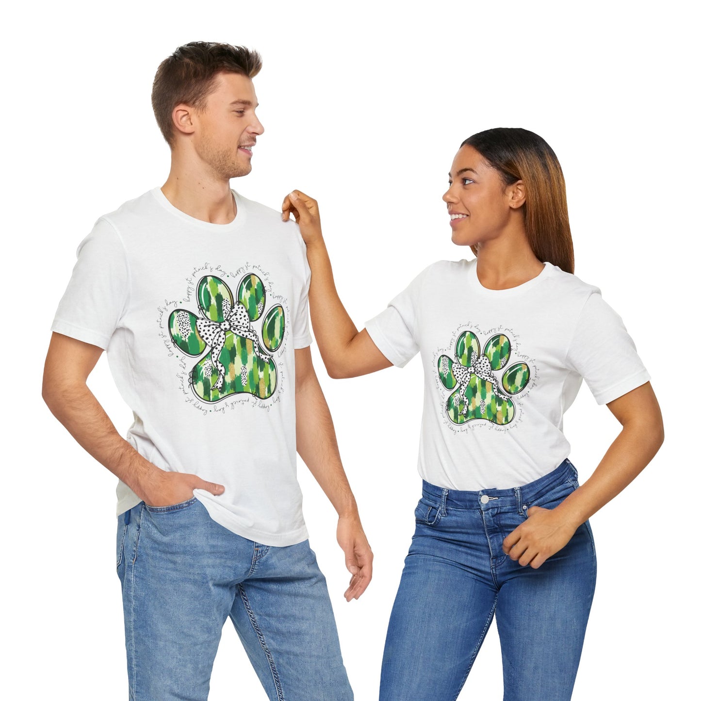 Lucky Pup St. Patrick's Day T-Shirt | Green Watercolor Paw Print with Polka Dot Bow | Dog Lover Irish Holiday Tee