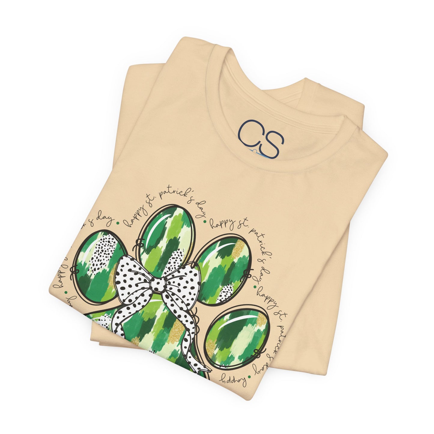 Lucky Pup St. Patrick's Day T-Shirt | Green Watercolor Paw Print with Polka Dot Bow | Dog Lover Irish Holiday Tee