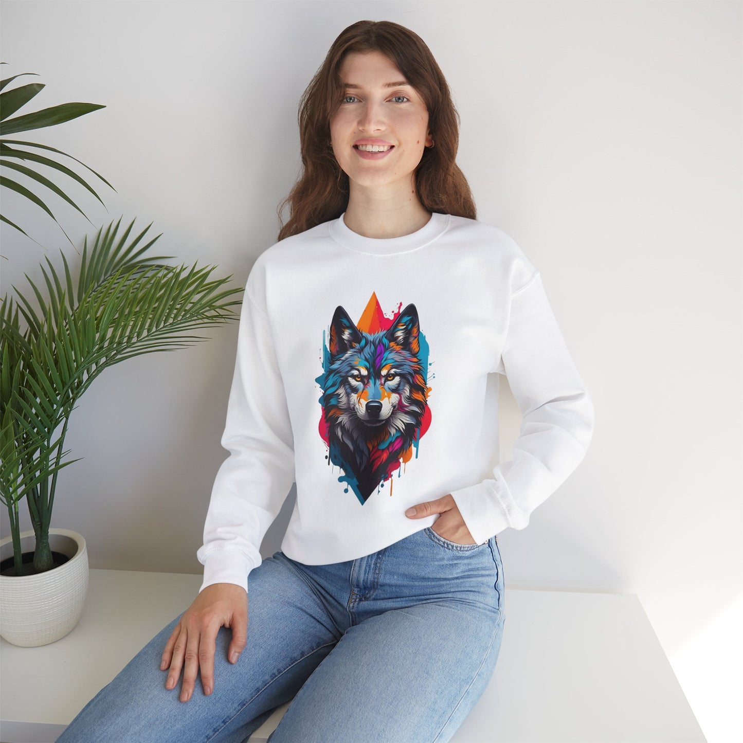 Vibrant Wolf Art Crewneck Sweatshirt - Watercolor Style Graphic