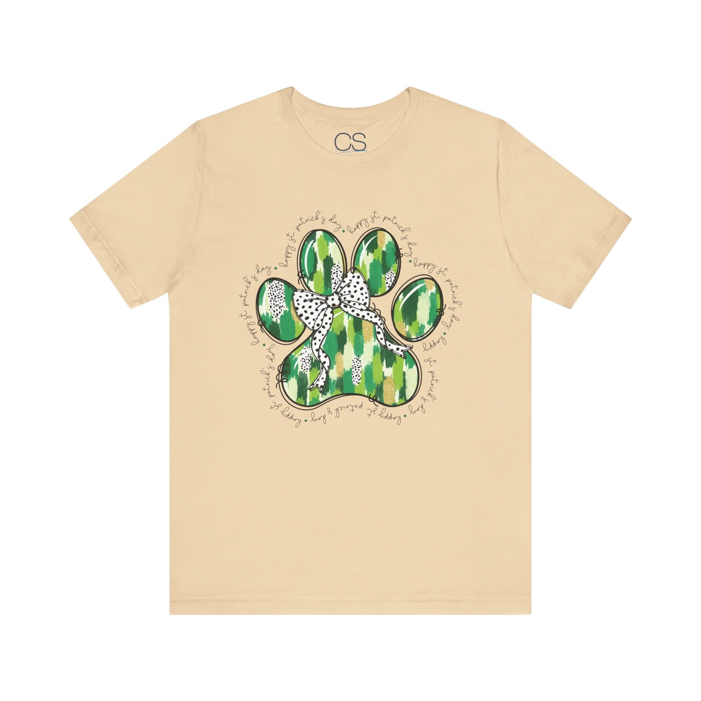 Lucky Pup St. Patrick's Day T-Shirt | Green Watercolor Paw Print with Polka Dot Bow | Dog Lover Irish Holiday Tee