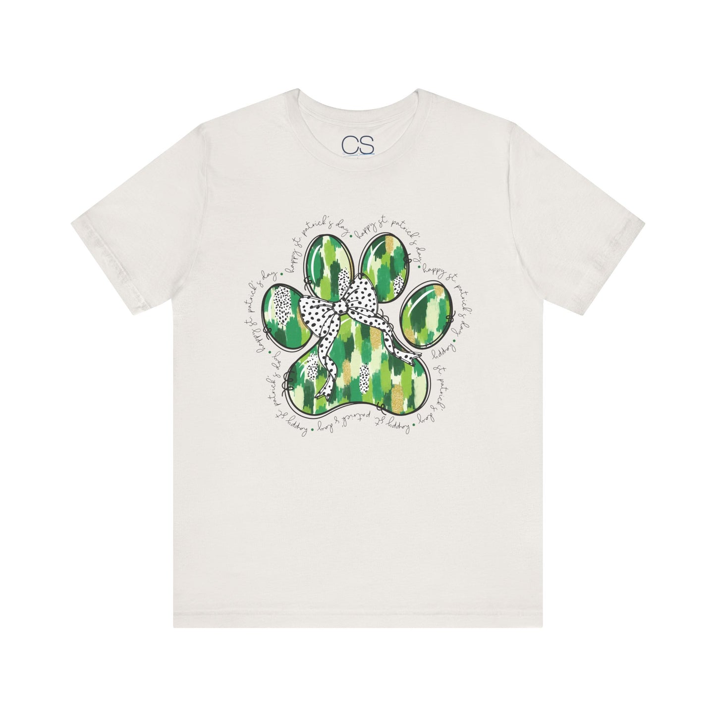 Lucky Pup St. Patrick's Day T-Shirt | Green Watercolor Paw Print with Polka Dot Bow | Dog Lover Irish Holiday Tee