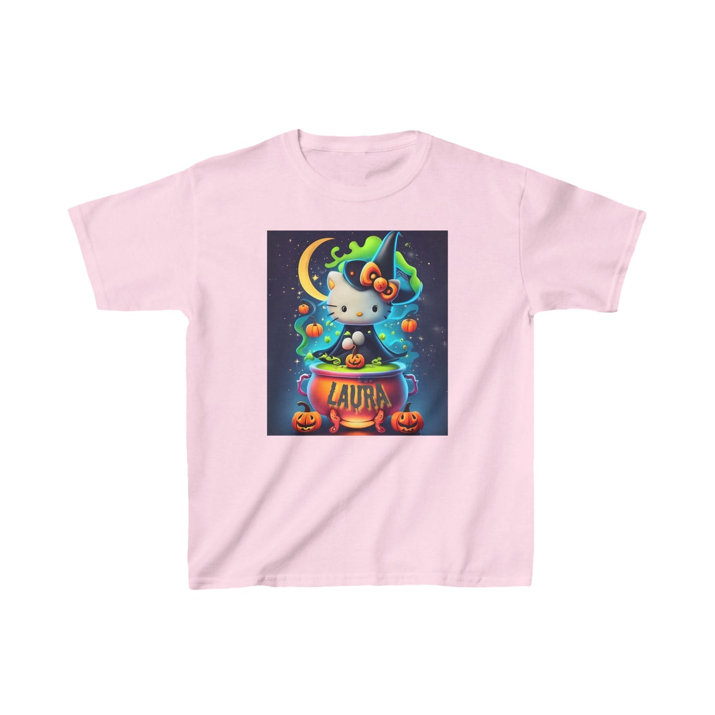 Personalized Halloween Hello Kitty Kids Heavy Cotton™ Tee – Custom Name Witch Design